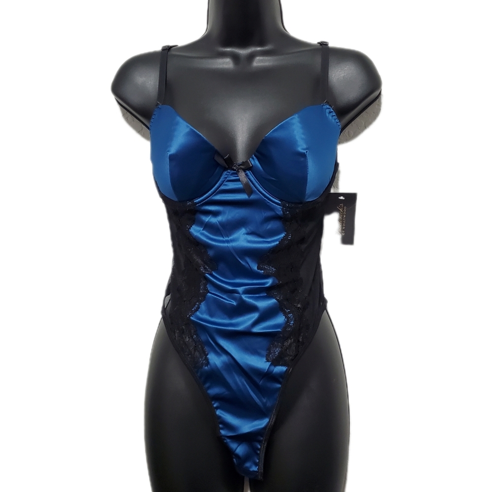 Beatrice Satin & Lace Blue/Black Thong Teddy Size Medium